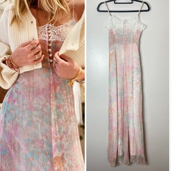 NWT LOVESHACKFANCY DRESS MAXI FLORAL PINK TRIM CROCHET LACE LONG SHEER SPRING - Picture 1 of 16